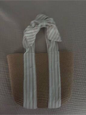 Striped Handle Straw Tote Bag in Brown and Cream